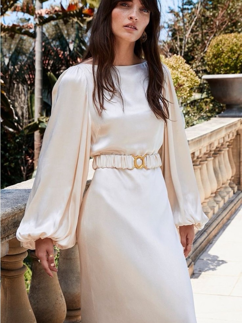 Shona Joy Cream Satin Maxi Dress with Gold Ring Belt